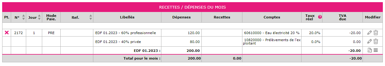 Capture d'écran d'une charge déduite du résultat avec apport de l'exploitant