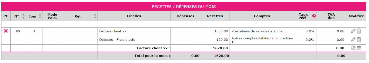 Exemple  saisie Créances / Dettes dans  menu Saisie / Factures Fournisseurs pour comptabilisation refacturation des débours