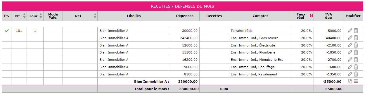 Capture d'écran d'une saisie d'acquisition dans le menu banque