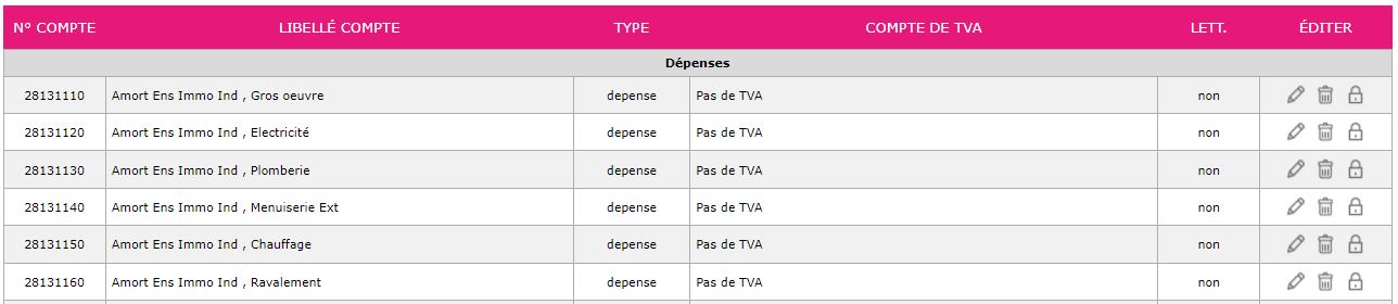 Capture d'écran d'une fiche immobilisation et comptabilisation des amortissements