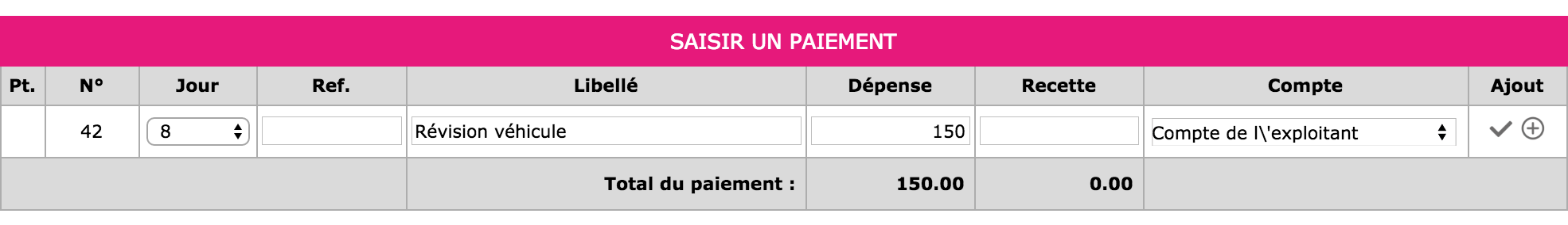 Capture d'écran d'une dépense par compte exploitant