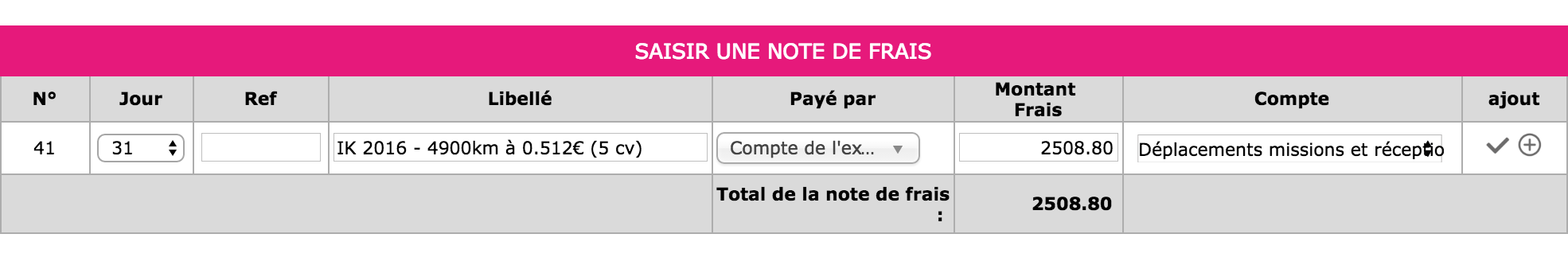 Capture d'écran de la comptabilisation de le dépense dans le tableau Note de frais