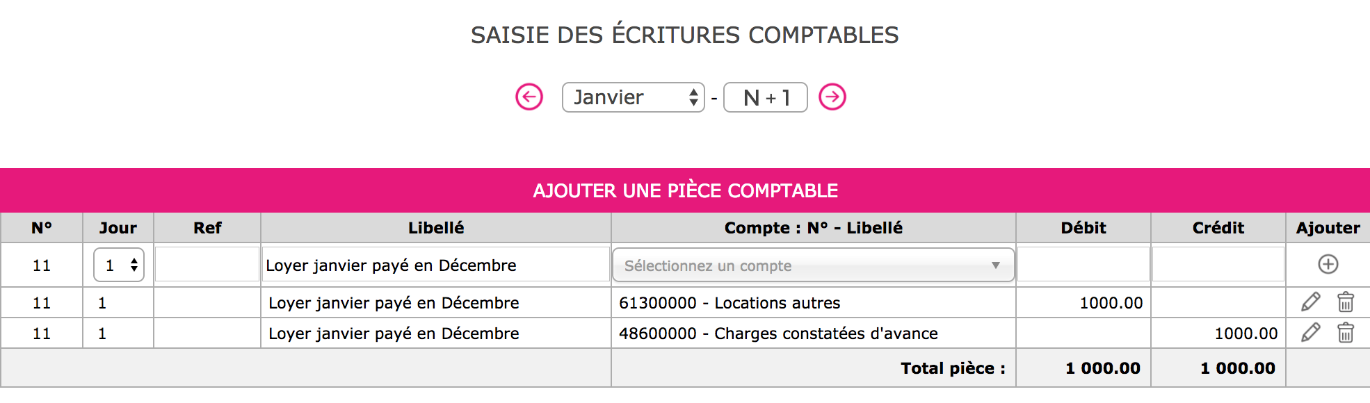 Capture de l'extourne de l'écriture à comptabiliser au 01/01/N