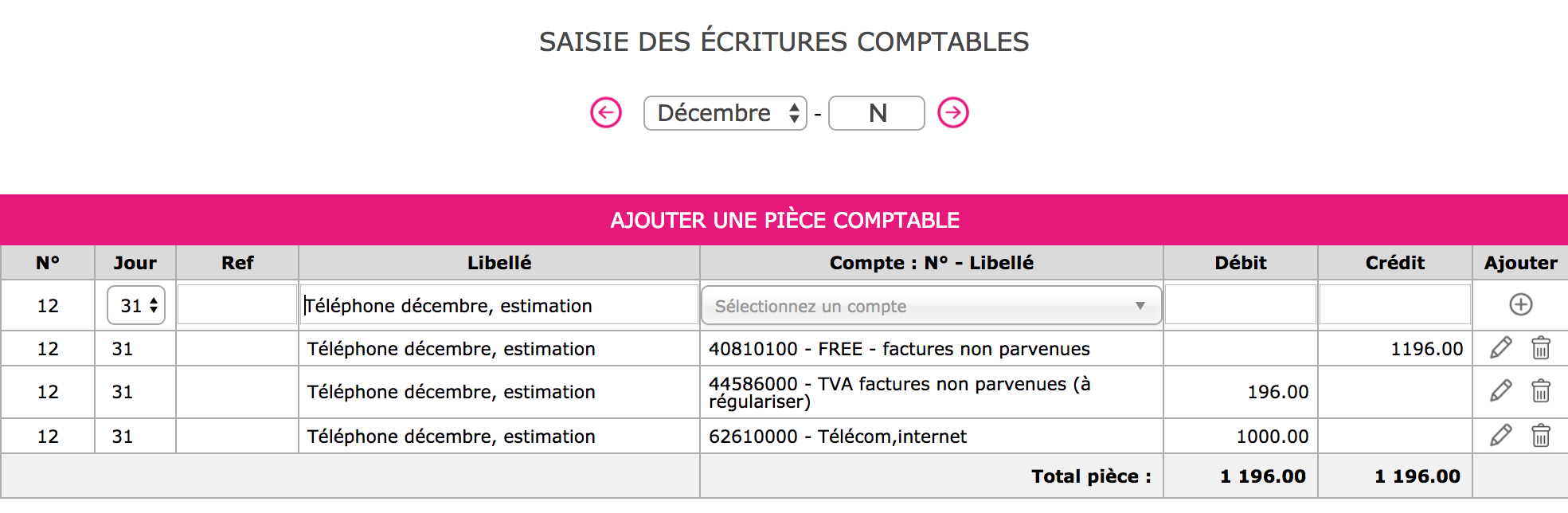 Capture de l'extourne de l'écriture à comptabiliser au 01/01/N