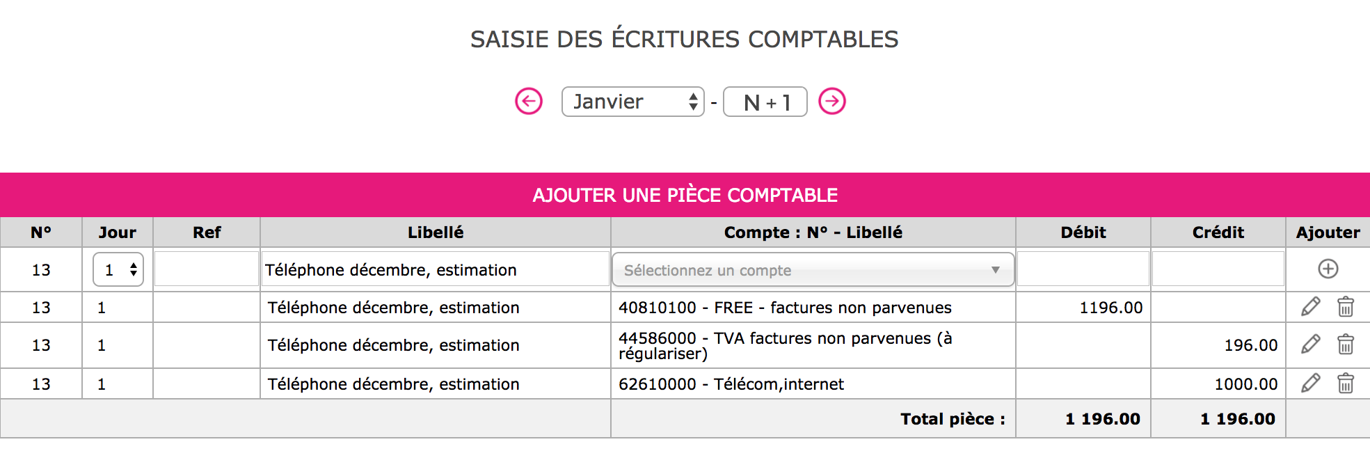 Capture de l'extourne de l'écriture à comptabiliser au 01/01/N