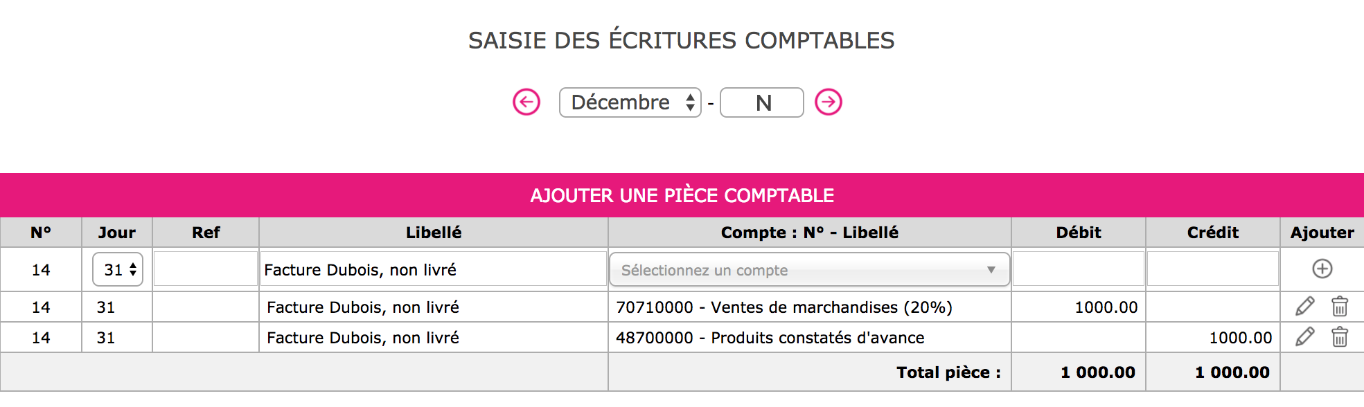 Capture de l'extourne de l'écriture à comptabiliser au 01/01/N