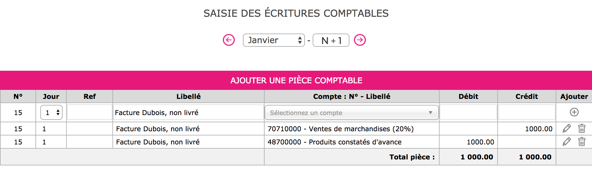 Capture de l'extourne de l'écriture à comptabiliser au 01/01/N