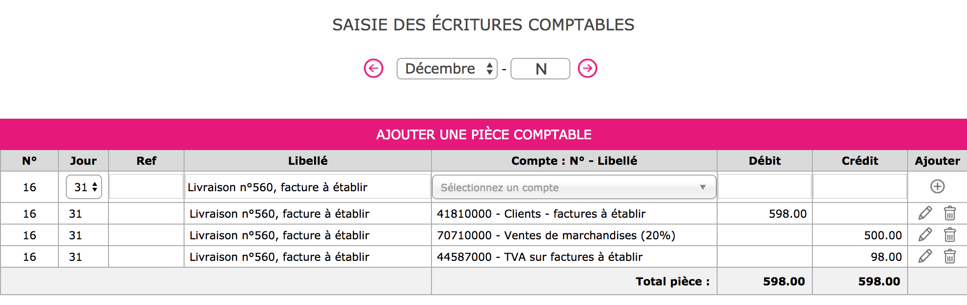 Capture de l'extourne de l'écriture à comptabiliser au 01/01/N