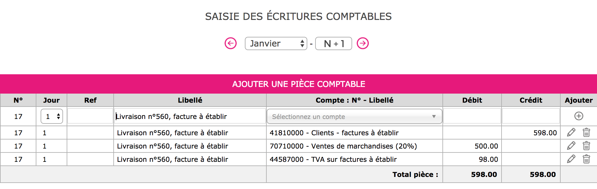 Capture de l'extourne de l'écriture à comptabiliser au 01/01/N