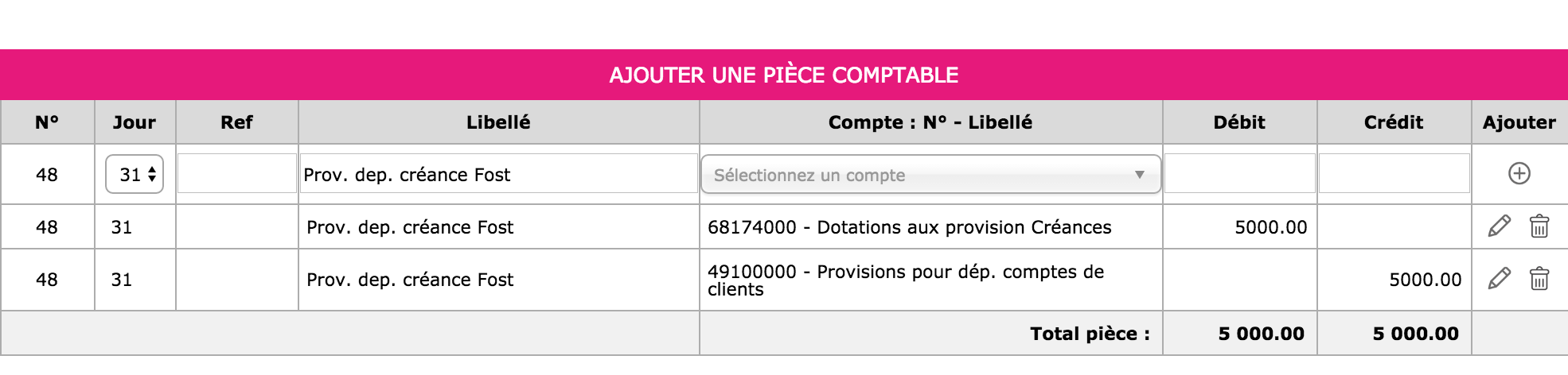 Capture de l'enregistrement de la dépréciation fâce à la cloture de l'exercice