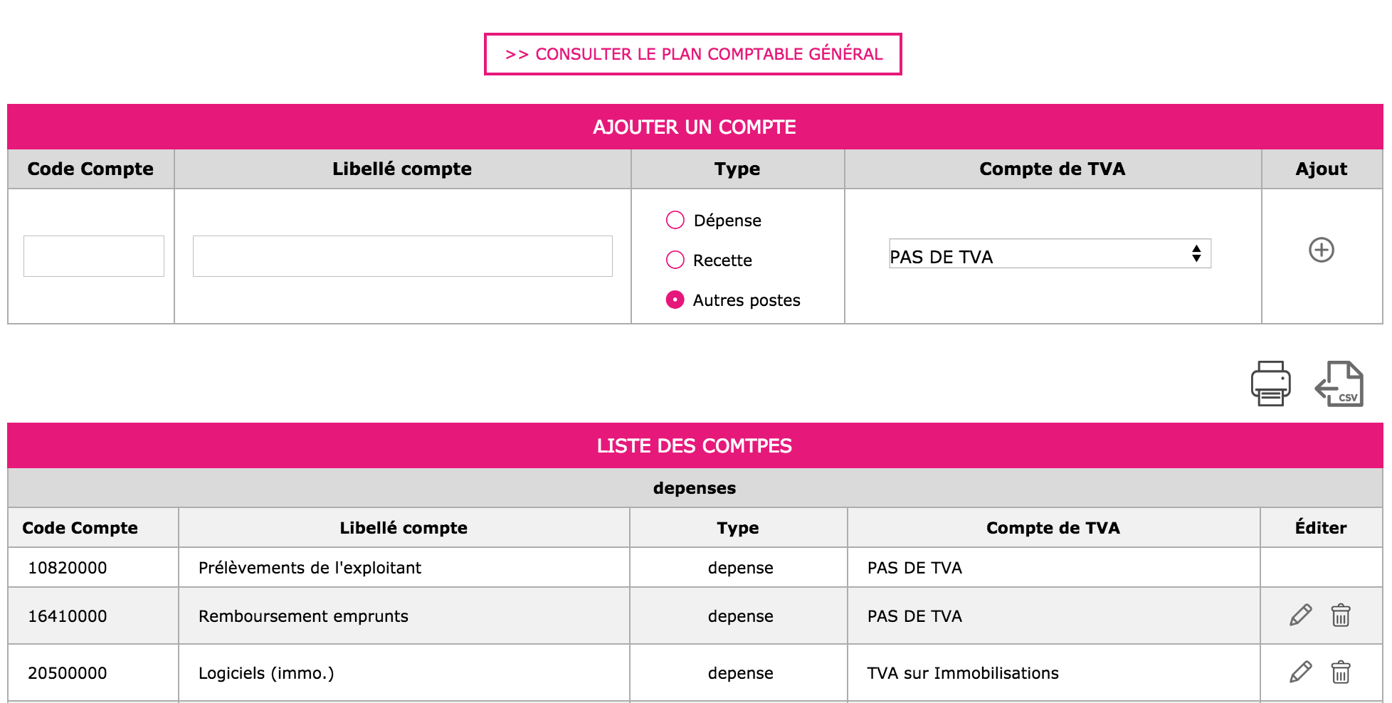 Liste des comptes