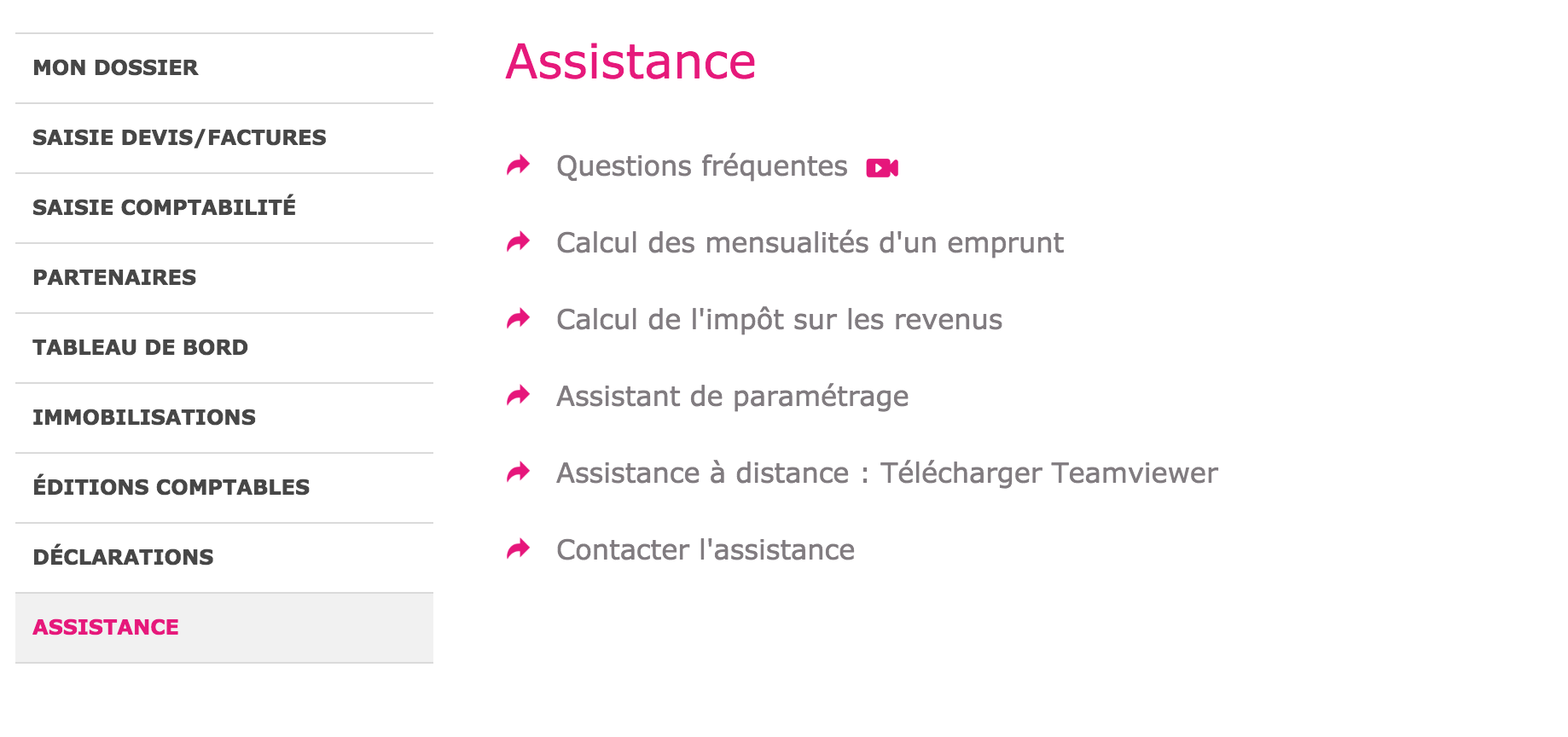 Parametrage Dossier menu Assistance