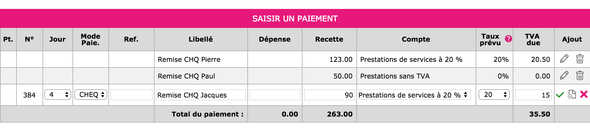 Sasie des recettes en banque