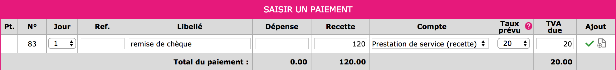 capture d'écran fenêtre saisir un paiement