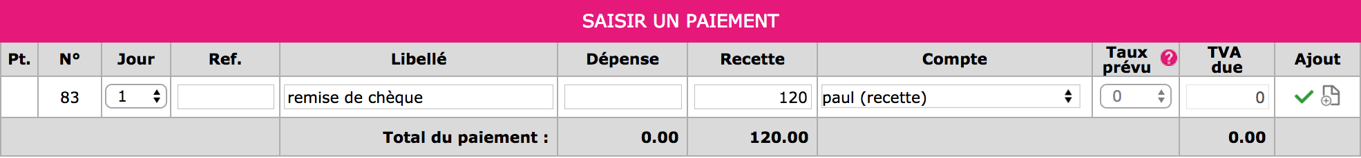 capture d'écran fenêtre saisir un paiement